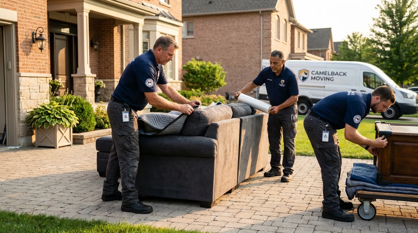 Large estate moving crew wrapping furniture in Southport, CT