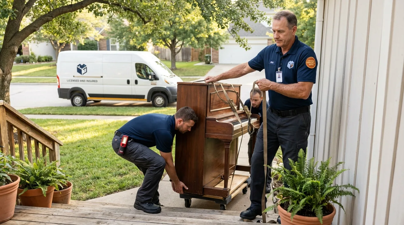 Licensed piano movers securing grand piano in Southport, CT