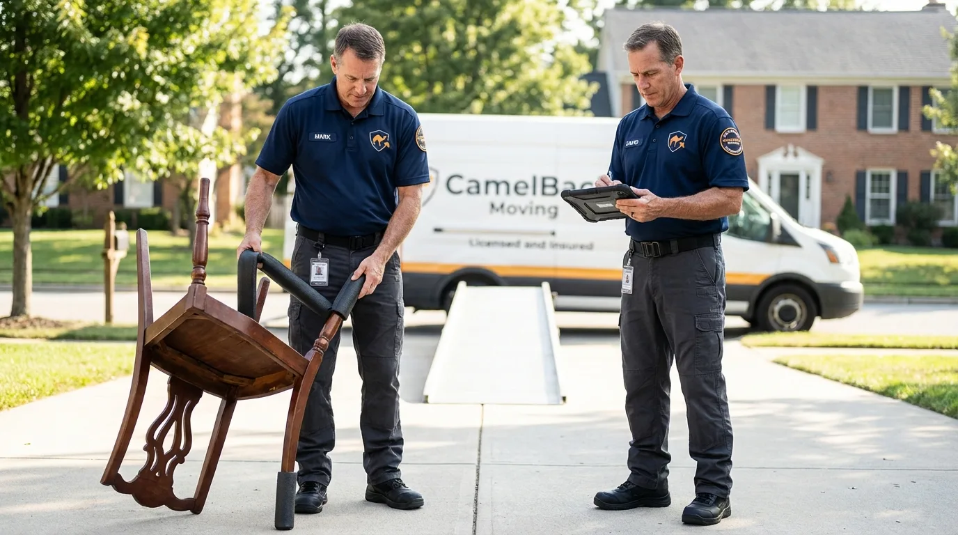 Movers inspecting furniture for damage prevention before loading in Southport, CT