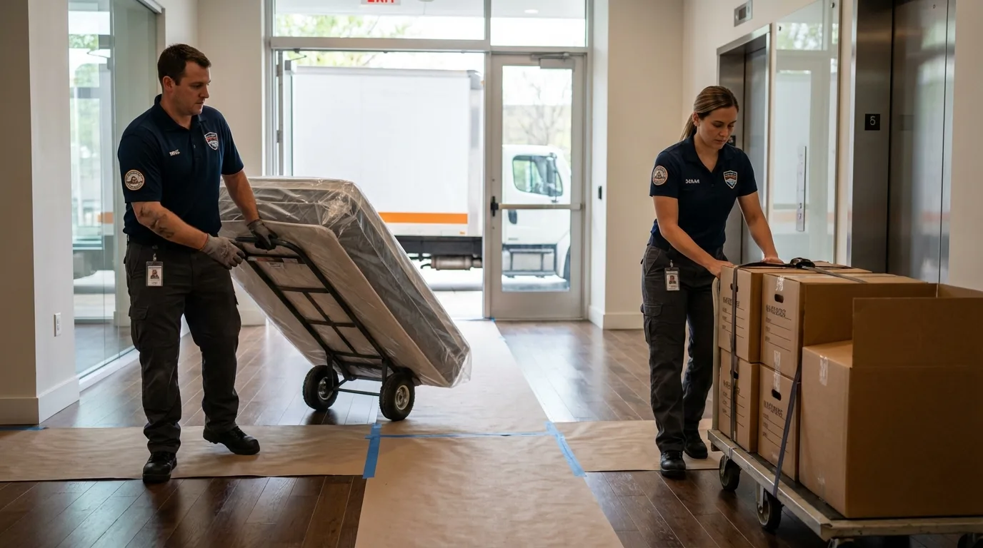 Professional apartment movers loading elevator in Southport, CT