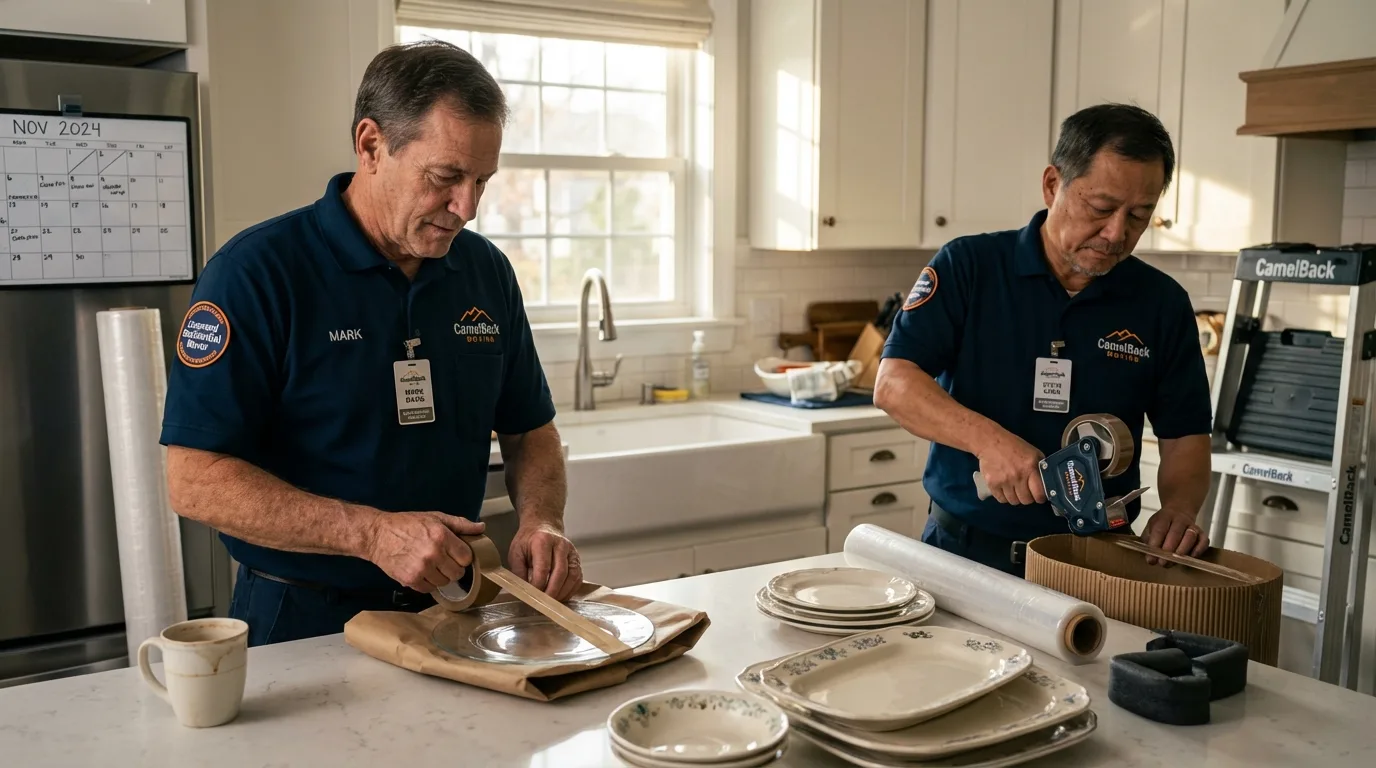 Professional crew packing kitchen dishware in Southport, CT